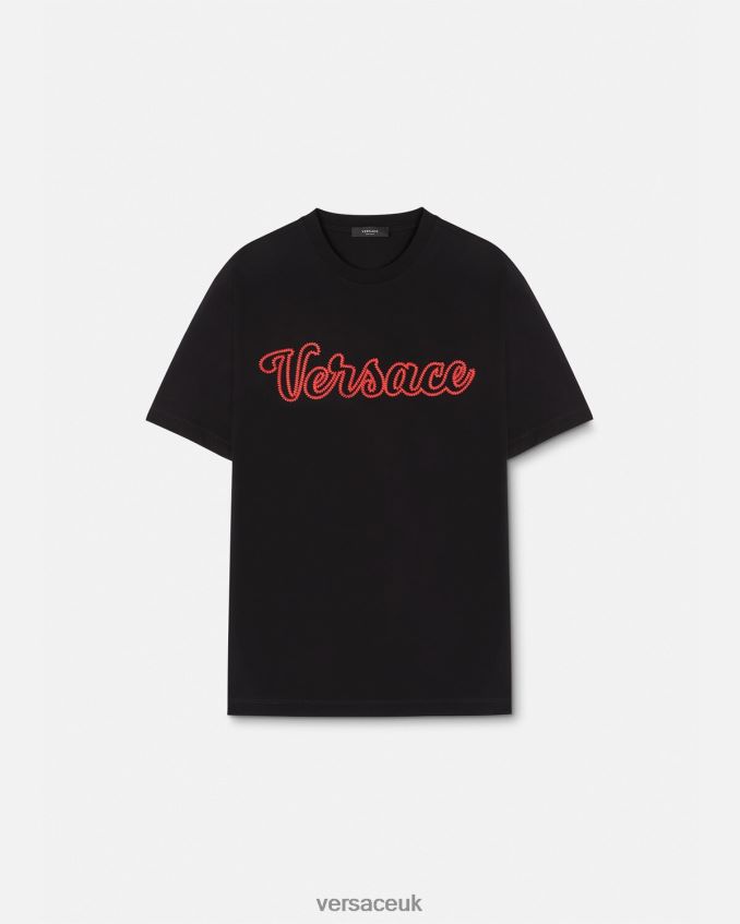 Men Versace Embroidered Varsity Logo T-shirt 6D2D061404 Black Clothing
