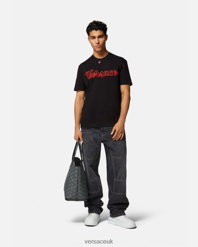 Men Versace Embroidered Varsity Logo T-shirt 6D2D061404 Black Clothing