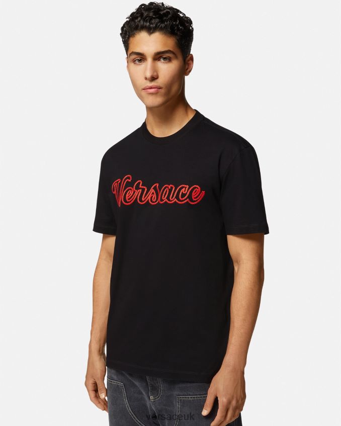 Men Versace Embroidered Varsity Logo T-shirt 6D2D061404 Black Clothing