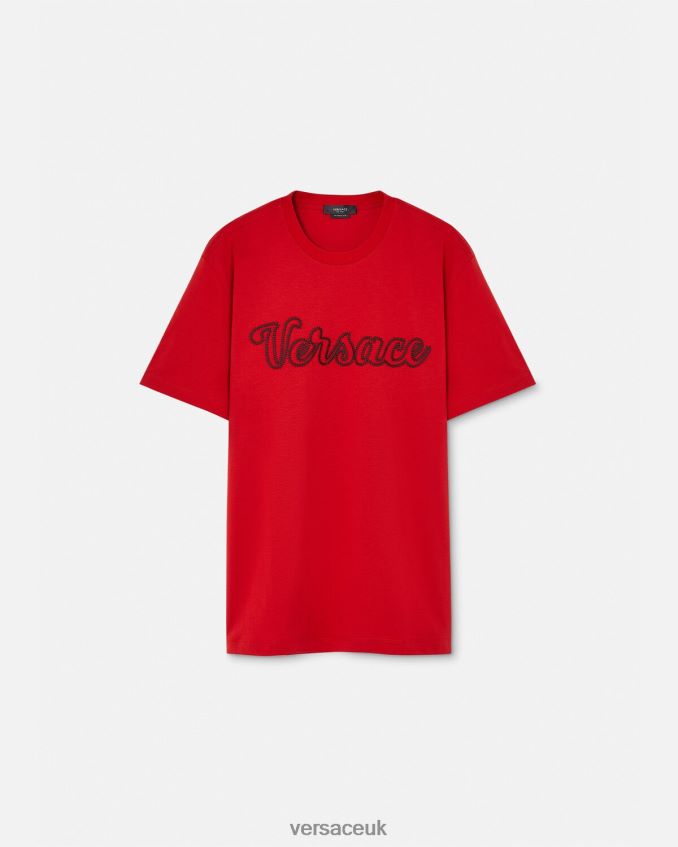 Men Versace Embroidered Varsity Logo T-shirt 6D2D061405 Red Clothing