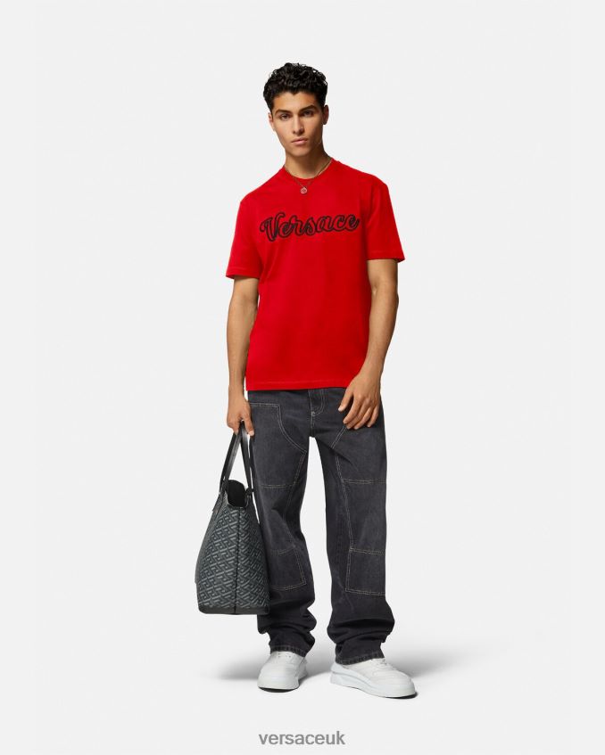 Men Versace Embroidered Varsity Logo T-shirt 6D2D061405 Red Clothing