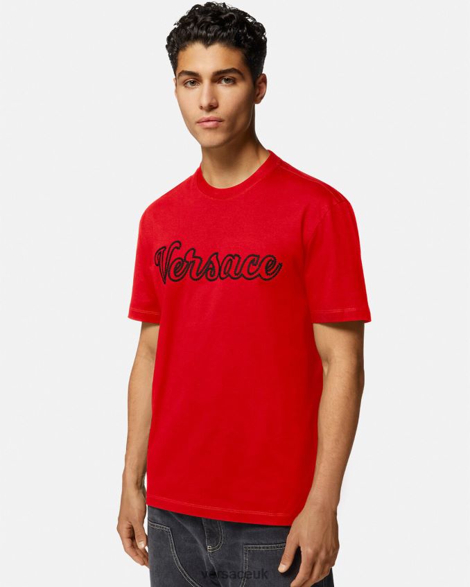 Men Versace Embroidered Varsity Logo T-shirt 6D2D061405 Red Clothing