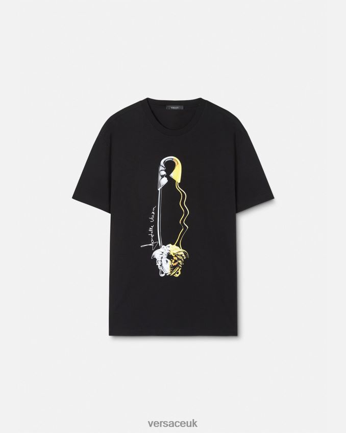 Men Versace Safety Pin Graphic T-Shirt 6D2D061400 Black Clothing