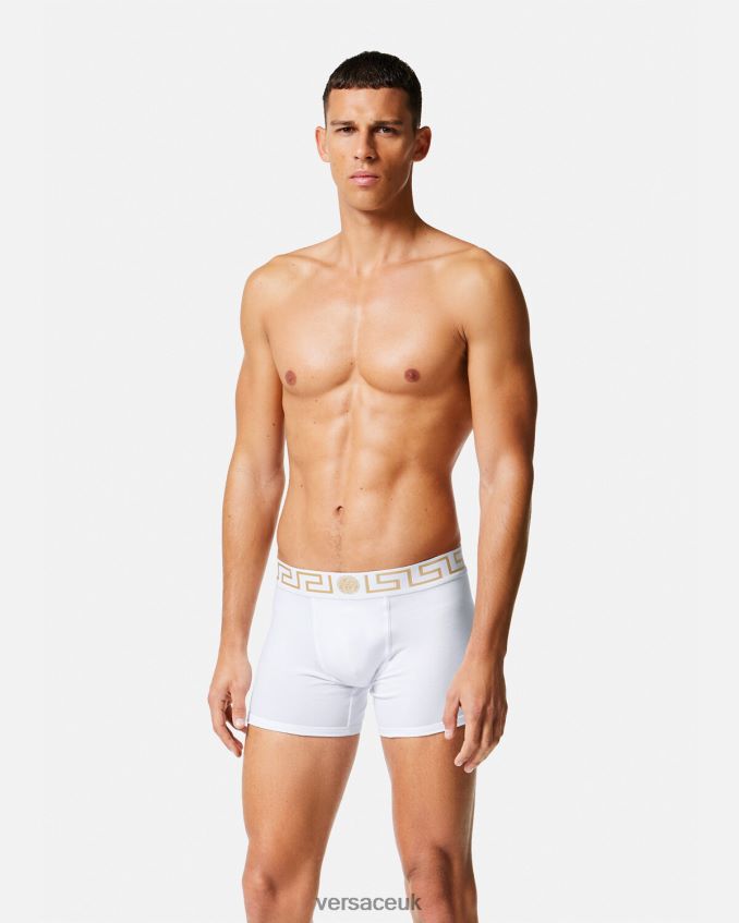 Men Versace Greca Border Long Trunks 2-Pack 6D2D061762 White/Gold Underwear & Beachwear