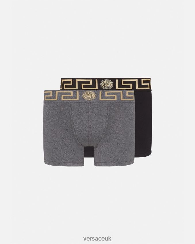 Men Versace Greca Border Long Trunks 2-Pack 6D2D061764 Gray & Black Underwear & Beachwear