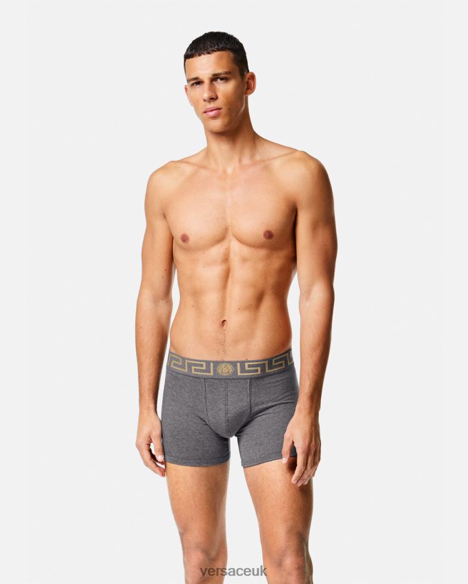Men Versace Greca Border Long Trunks 2-Pack 6D2D061764 Gray & Black Underwear & Beachwear