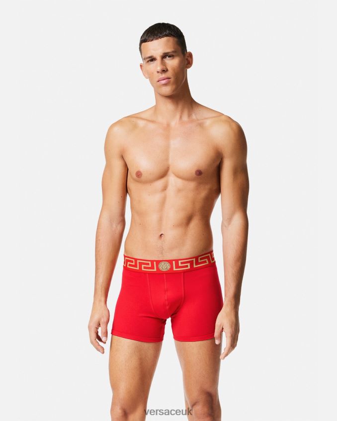 Men Versace Greca Border Long Trunks 6D2D061766 Red Underwear & Beachwear