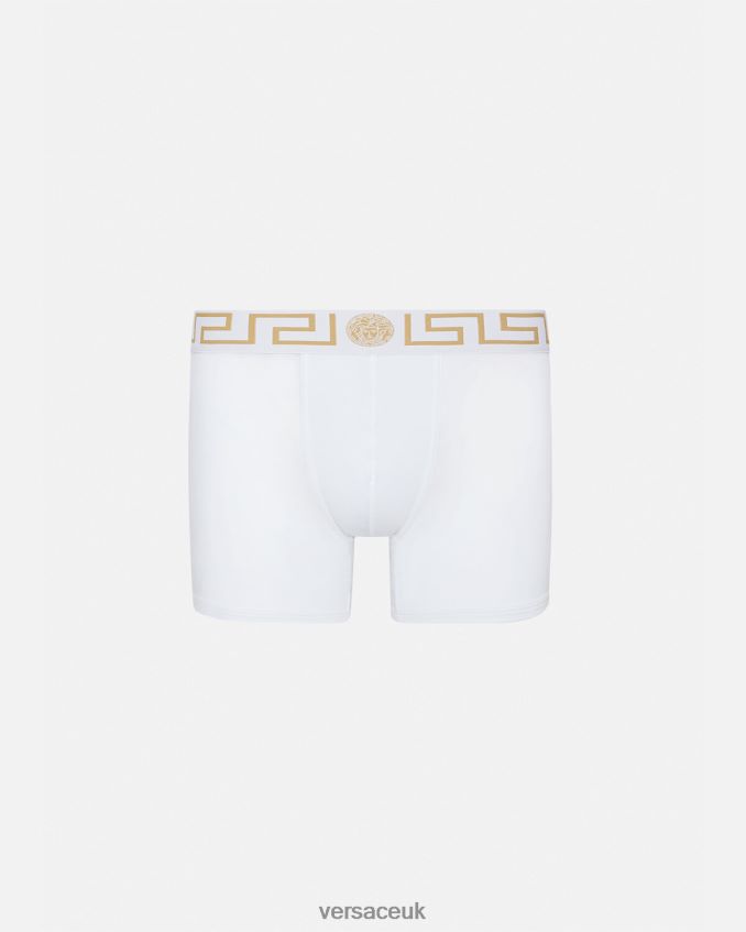 Men Versace Greca Border Long Trunks 6D2D061767 White/Gold Underwear & Beachwear