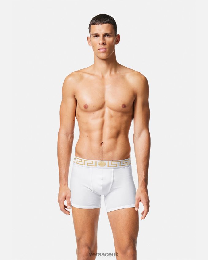 Men Versace Greca Border Long Trunks 6D2D061767 White/Gold Underwear & Beachwear