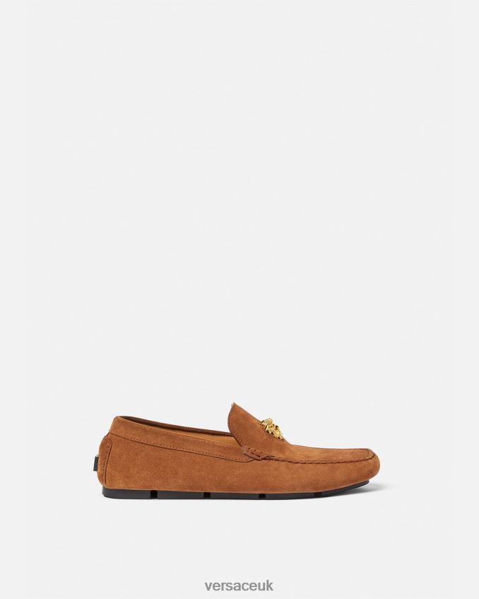 Men Versace La Medusa Suede Driver Shoes 6D2D061603 Brown Shoe