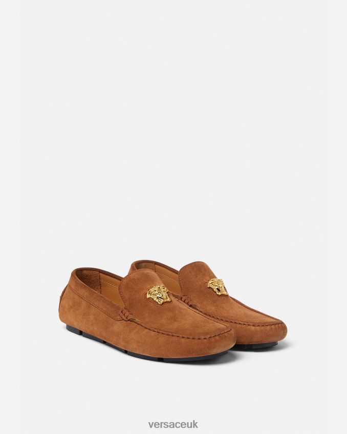 Men Versace La Medusa Suede Driver Shoes 6D2D061603 Brown Shoe