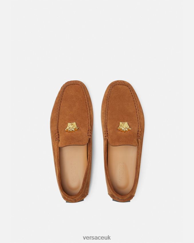 Men Versace La Medusa Suede Driver Shoes 6D2D061603 Brown Shoe