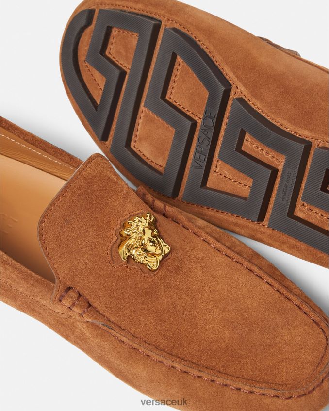 Men Versace La Medusa Suede Driver Shoes 6D2D061603 Brown Shoe