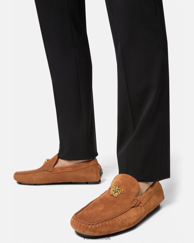 Men Versace La Medusa Suede Driver Shoes 6D2D061603 Brown Shoe
