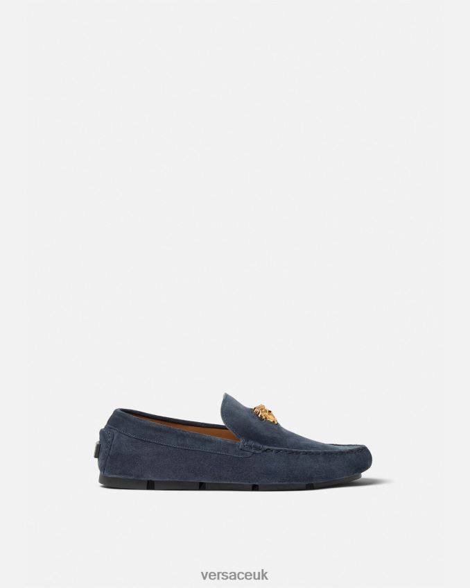 Men Versace La Medusa Suede Driver Shoes 6D2D061604 Navy Shoe