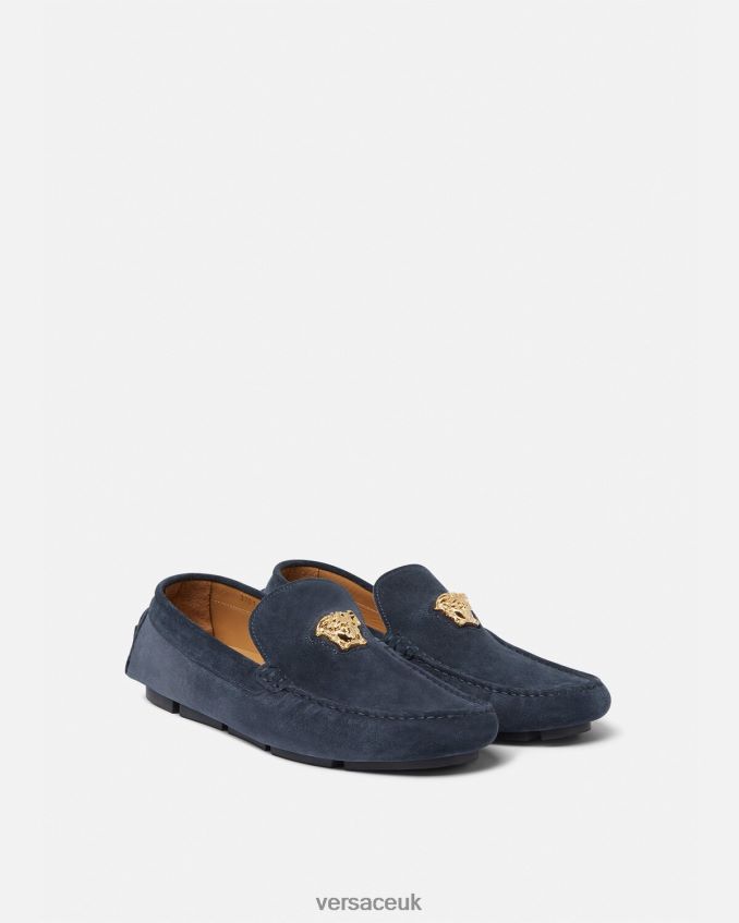 Men Versace La Medusa Suede Driver Shoes 6D2D061604 Navy Shoe