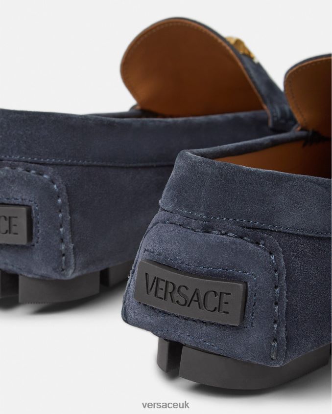 Men Versace La Medusa Suede Driver Shoes 6D2D061604 Navy Shoe