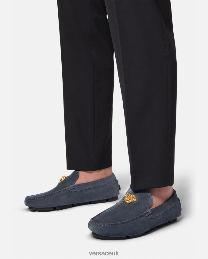 Men Versace La Medusa Suede Driver Shoes 6D2D061604 Navy Shoe