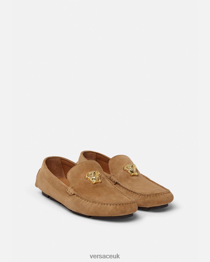 Men Versace La Medusa Suede Driver Shoes 6D2D061605 Brown Shoe
