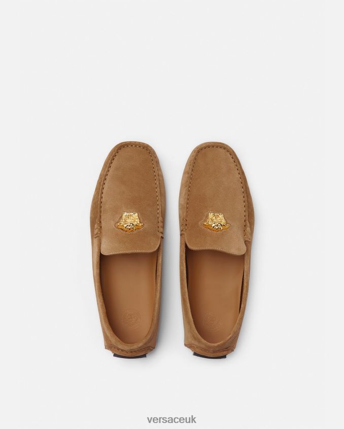 Men Versace La Medusa Suede Driver Shoes 6D2D061605 Brown Shoe