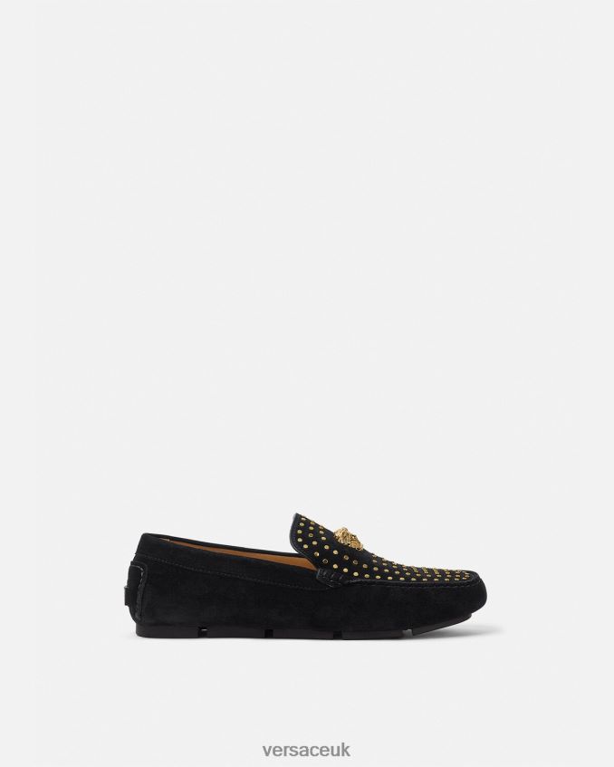 Men Versace La Medusa Suede Driver Shoes 6D2D061607 Black Shoe