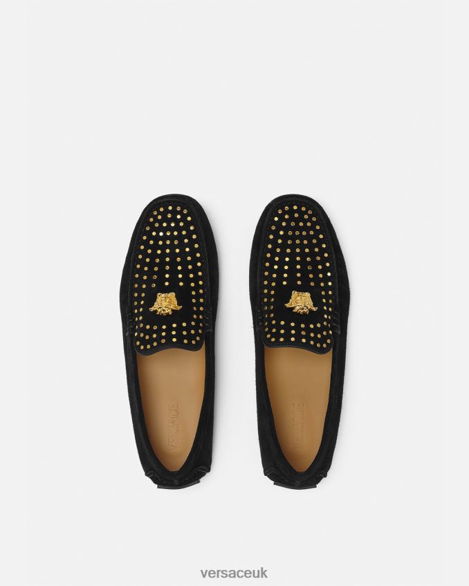 Men Versace La Medusa Suede Driver Shoes 6D2D061607 Black Shoe