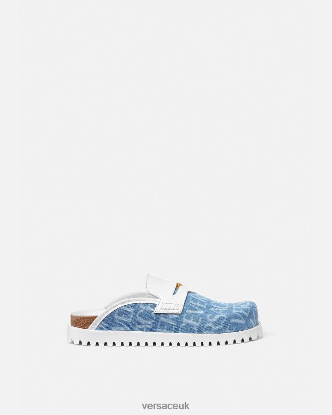 Men Versace Allover Denim Medusa Mules 6D2D061562 Light Blue Shoe