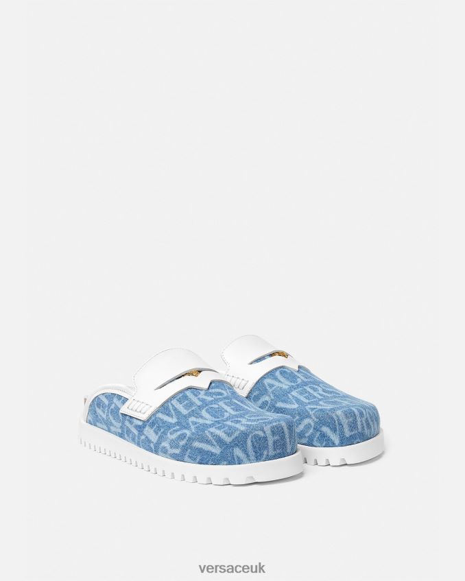 Men Versace Allover Denim Medusa Mules 6D2D061562 Light Blue Shoe