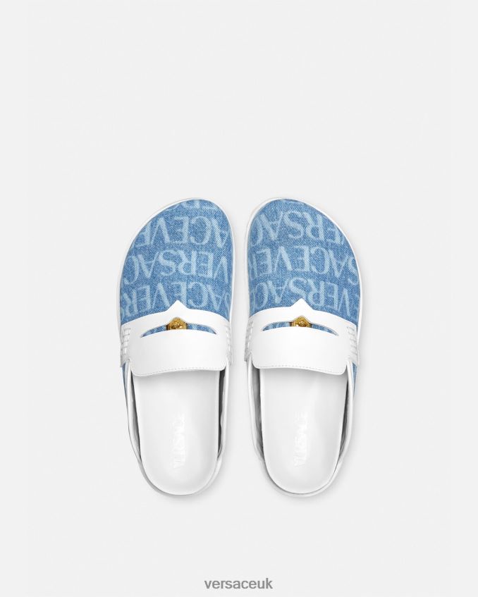 Men Versace Allover Denim Medusa Mules 6D2D061562 Light Blue Shoe