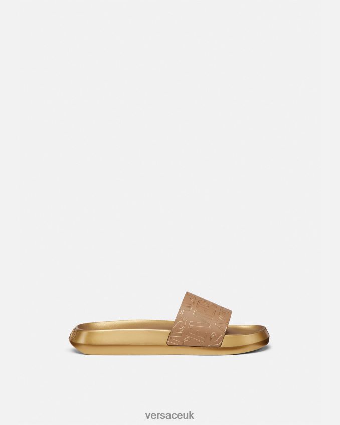 Men Versace Allover Slides 6D2D061586 Brown & Gold Shoe