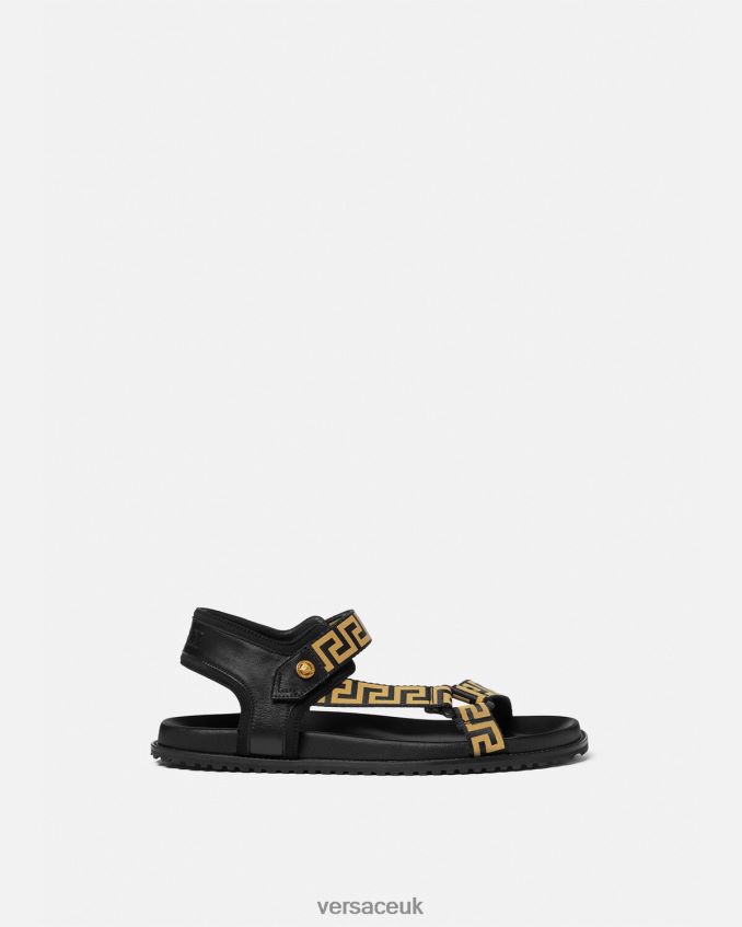 Men Versace Greca Sandals 6D2D061590 Black & Gold Shoe