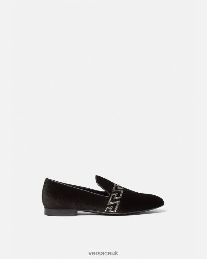Men Versace Studded Greca Velvet Slippers 6D2D061572 Black Shoe