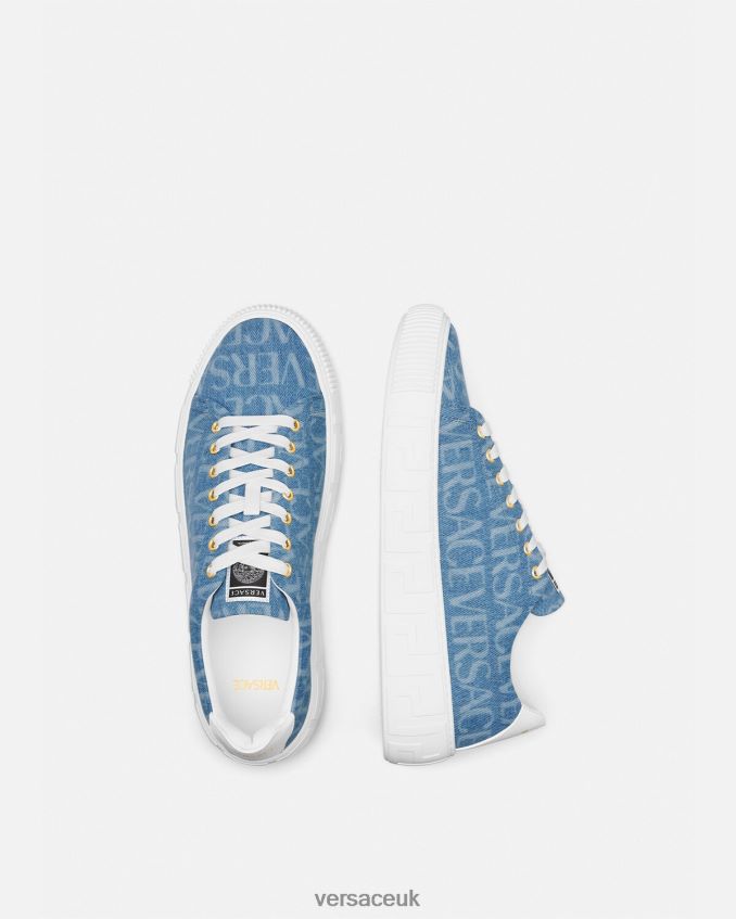 Men Versace Allover Denim Greca Sneakers 6D2D061548 Light Blue Shoe