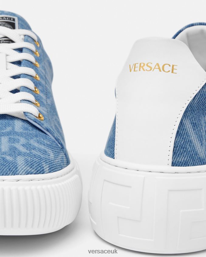 Men Versace Allover Denim Greca Sneakers 6D2D061548 Light Blue Shoe