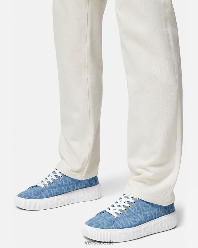 Men Versace Allover Denim Greca Sneakers 6D2D061548 Light Blue Shoe