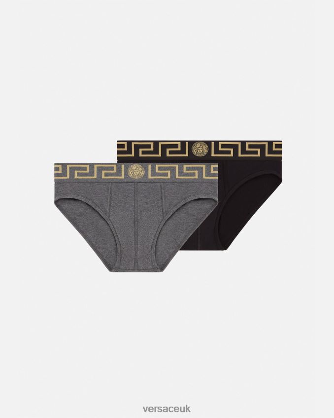 Men Versace Greca Border Briefs 2-Pack 6D2D061783 Gray & Black Underwear & Beachwear