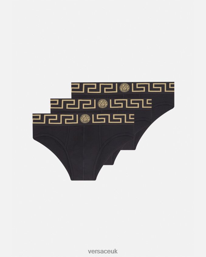 Men Versace Greca Border Briefs 3-Pack 6D2D061778 Black Underwear & Beachwear