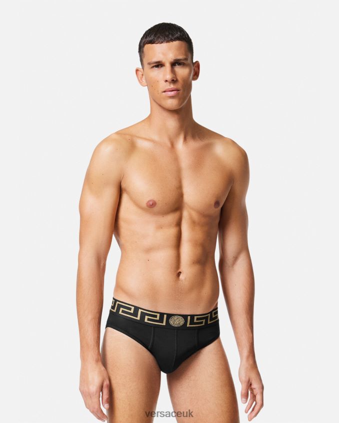 Men Versace Greca Border Briefs 3-Pack 6D2D061778 Black Underwear & Beachwear