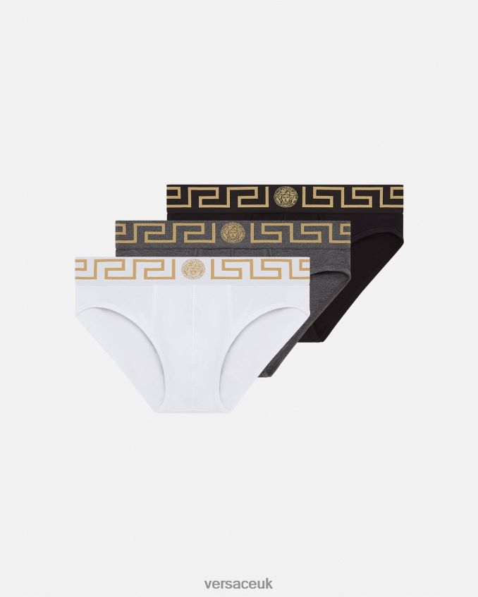 Men Versace Greca Border Briefs 3-Pack 6D2D061779 White & Black & Gray Underwear & Beachwear