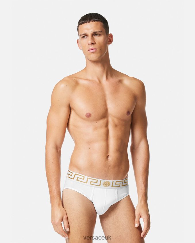 Men Versace Greca Border Briefs 3-Pack 6D2D061779 White & Black & Gray Underwear & Beachwear