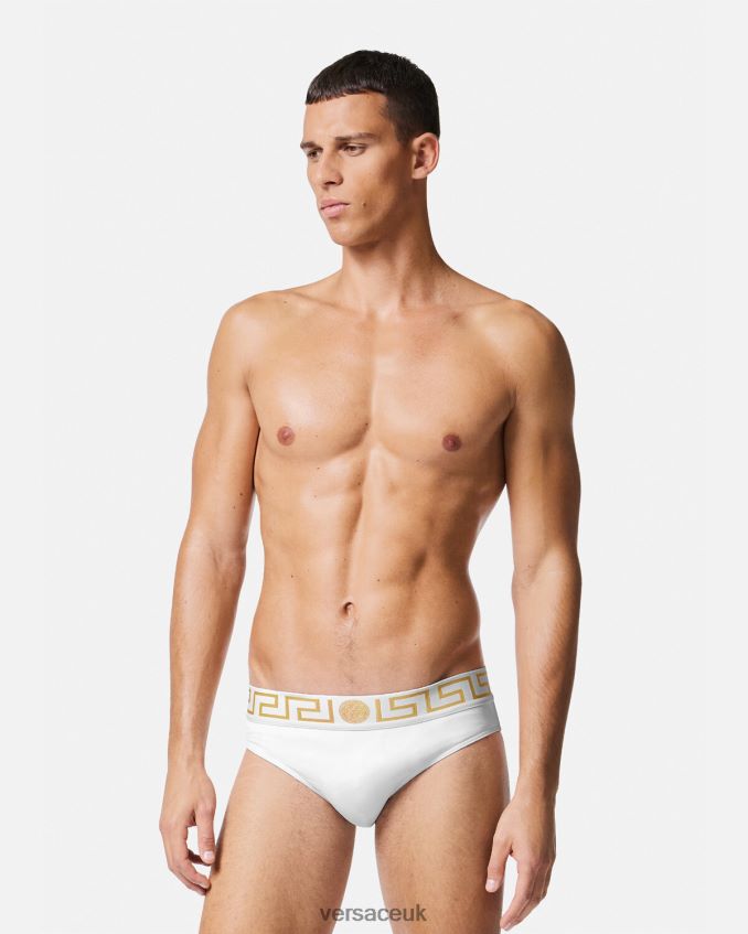 Men Versace Greca Border Swim Briefs 6D2D061797 White & Gold Underwear & Beachwear
