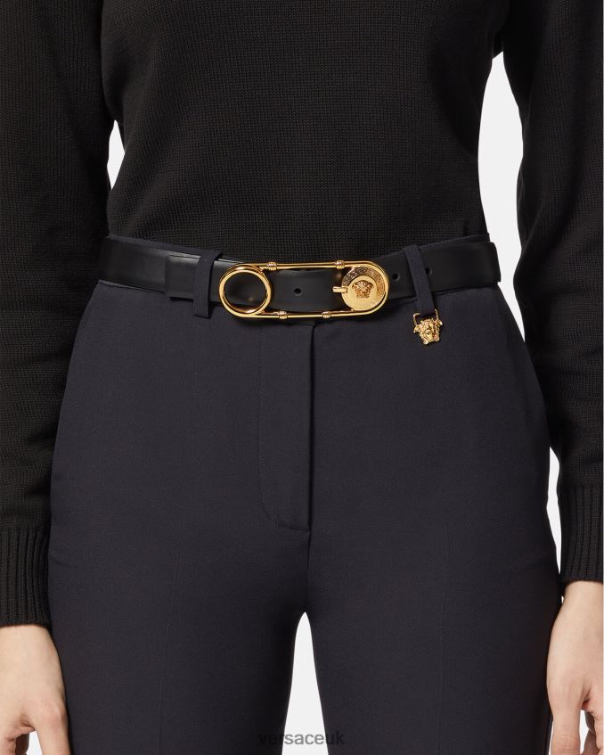 Women Versace Safety Pin Leather Belt 6D2D06536 Black Accessories