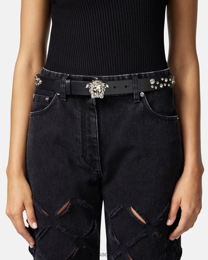 Women Versace Spiked La Medusa Leather Belt 6D2D06545 Black Accessories