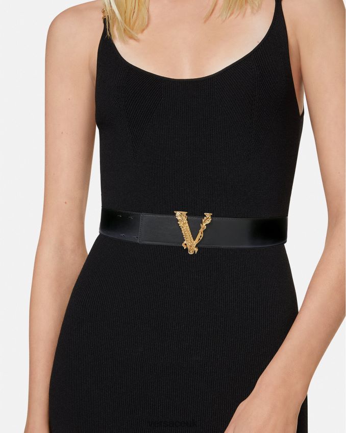 Women Versace Virtus Wide Leather Belt 6D2D06541 Black Accessories