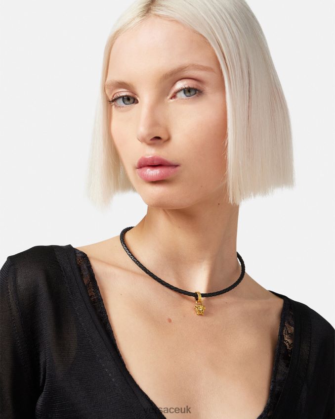 Women Versace Crystal Medusa Leather Necklace 6D2D06812 Black Accessories