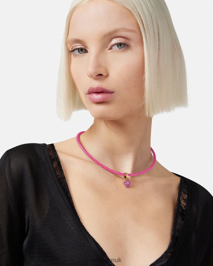 Women Versace Crystal Medusa Leather Necklace 6D2D06852 Pink Accessories