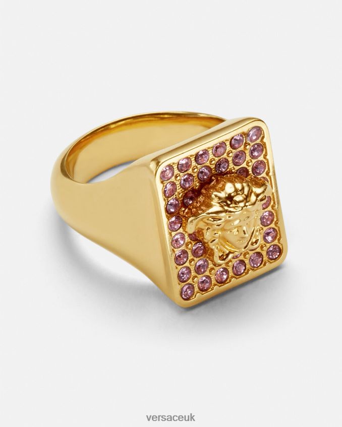 Women Versace Tiles Crystal Ring 6D2D06736 Pink & Gold Accessories