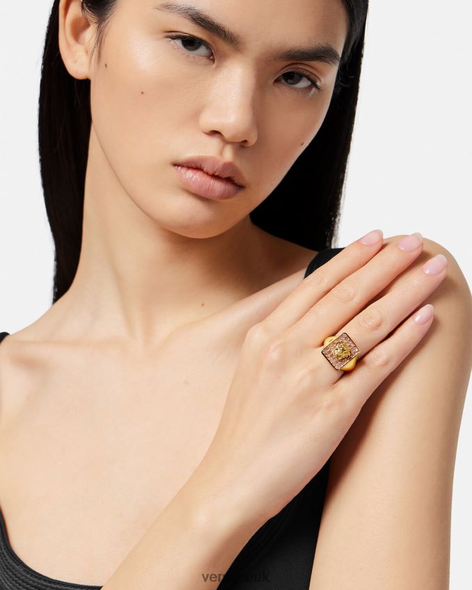 Women Versace Tiles Crystal Ring 6D2D06736 Pink & Gold Accessories
