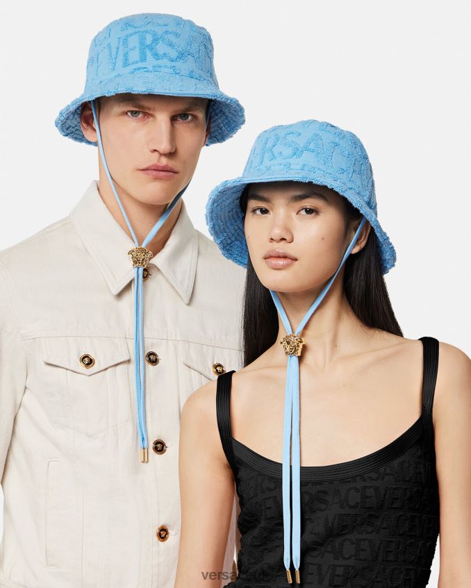 Women Versace Allover Towel Bucket Hat 6D2D06858 Light Blue Accessories