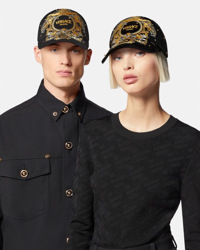 Women Versace Baroque Crystal Grid Baseball Cap 6D2D06908 Black Accessories